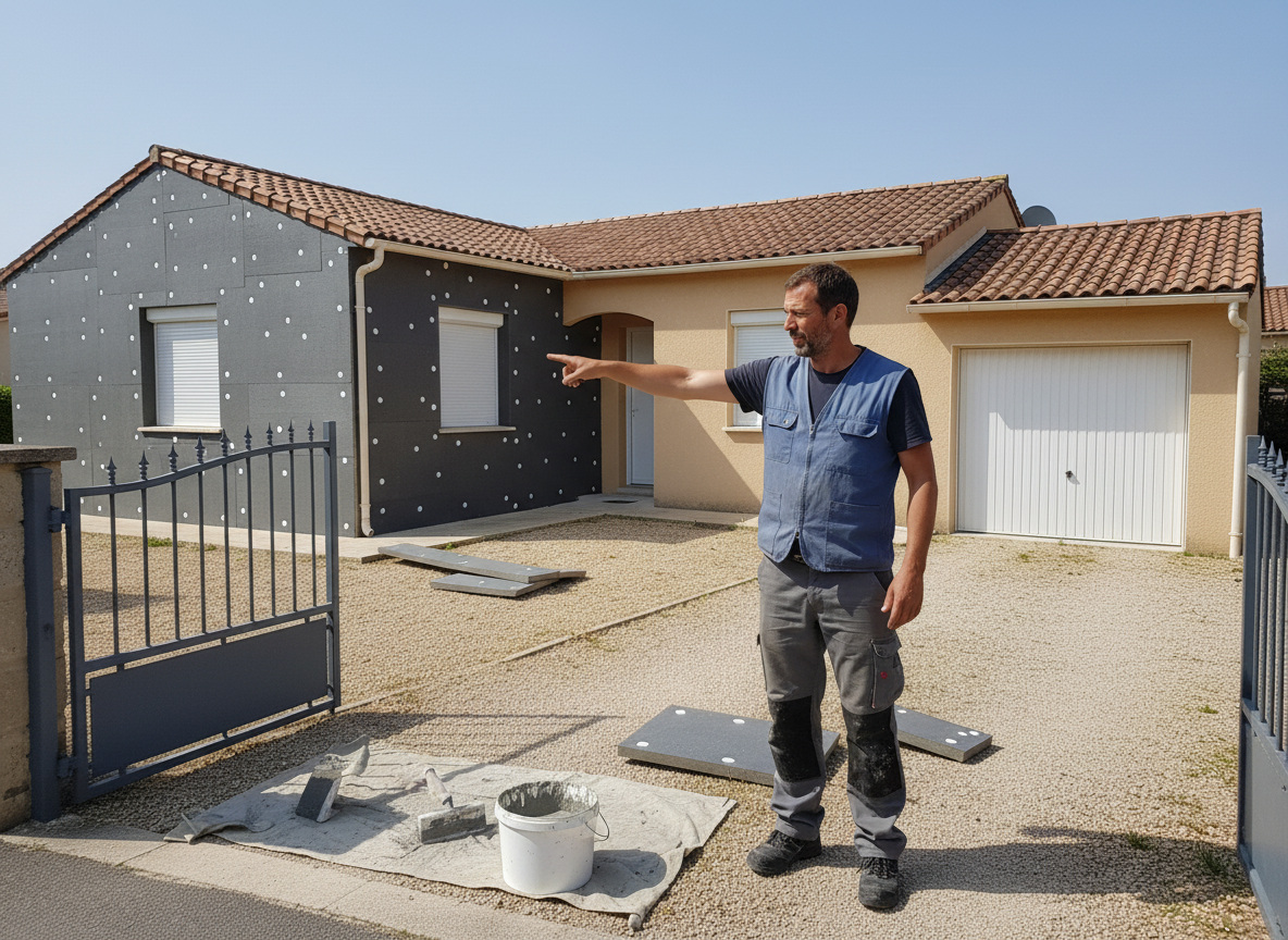 Bruno devant sa maison pendant le chantier ITE avec panneaux gris sur la facade