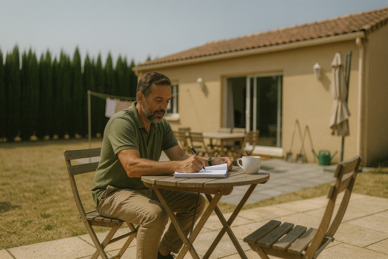 Bruno relit un devis de climatisation à sa table de terrasse, stylo à la main